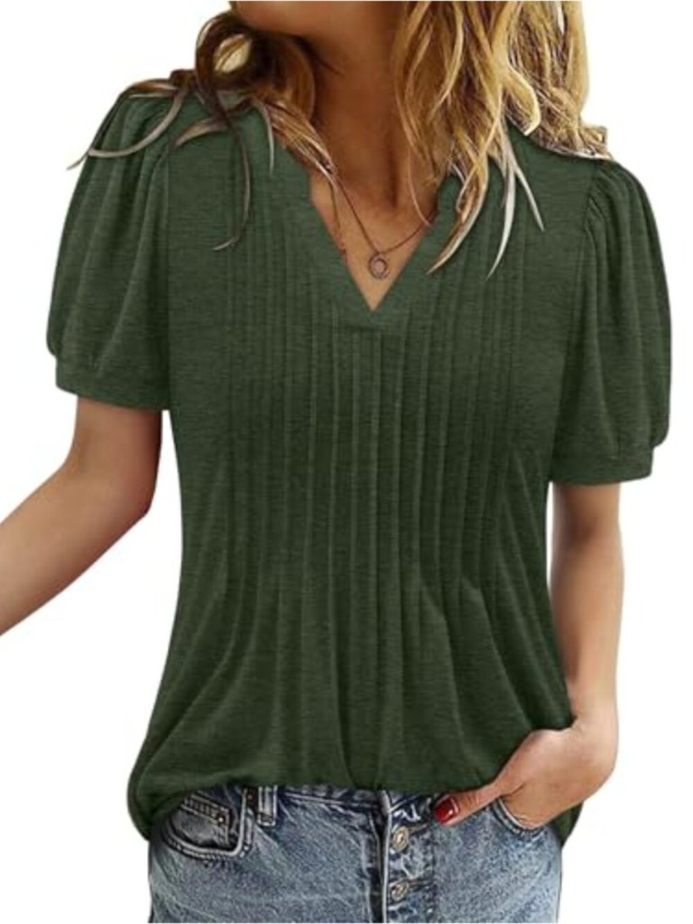 V Neck Pleated Tunic Tops Short Sleeve Summer Blouse